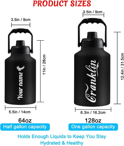 Vista 5 de Botellas de agua aisladas personalizadas de 64 onzas con tapas de mango de boquilla, nombre personalizado, logotipo, texto grabado, botella de agua