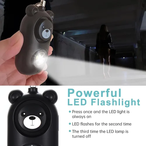 Vista 5 de Llavero de alarma de seguridad personal con luz LED, alerta de emergencia de 130 dB, diseño de oso recargable para mujeres, niños y niñas