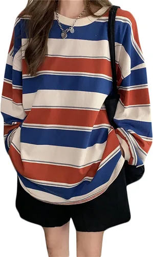 Vista 3 de Camiseta Harajuku de gran tamaño a rayas de manga larga con cuello redondo para mujer NegroGris