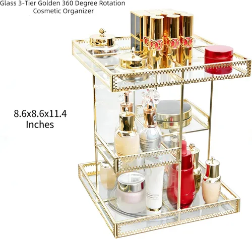 Vista 5 de Organizador de cosméticos de vidrio dorado de 3 niveles con rotación de 360 grados, bandeja de perfume giratoria de alta calidad, exhibición