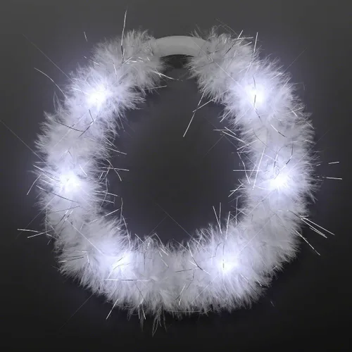 Vista 4 de Diadema con halo de ángel blanco con plumas de marabú y luces LED blancas