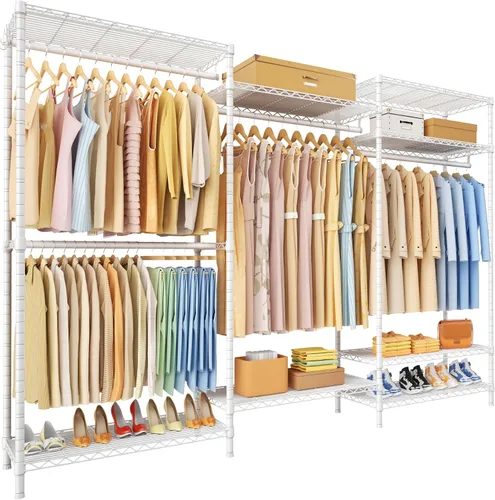 Vista 14 de Ulif E13 Perchero de Ropa de Servicio Pesado (Con 4 Barras Colgadoras y 8 Estantes) Percheros Independientes para Colgar Ropa, Organizador de Closet
