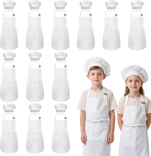 Vista 10 de Juego de delantal y sombrero de chef para niños, 24 piezas con 2 bolsillos ajustables para cocinar, aula, hornear, pintura, 6 a 13 años