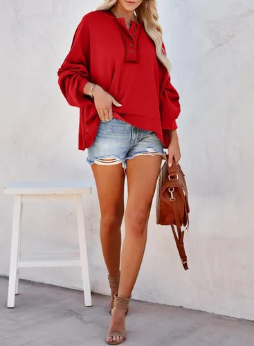 Vista 4 de Dokotoo Sudaderas con capucha de manga larga con cuello en V y botones para mujer
