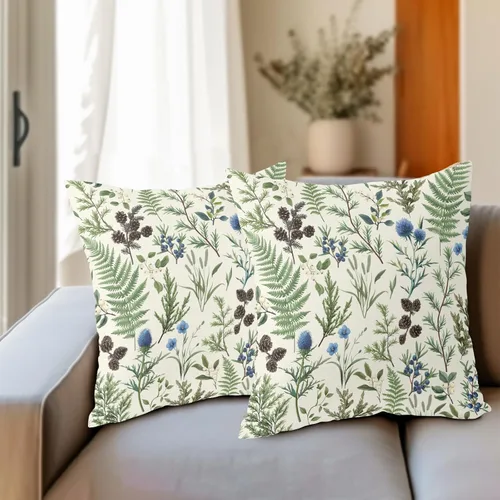 Vista 6 de Fundas de cojín decorativas primavera-verano 40x40 cm, juego de 2 fundas de cojín verdes con flores botánicas, fundas de cojín decorativas para Aqua