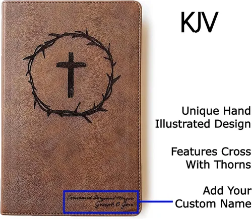 Vista 5 de Biblia KJV ilustrada a mano y grabada con láser, cuero marrón, incluye opción de agregar nombre grabado, regalo personalizado para boda, bautizo