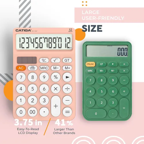 Vista 2 de CATIGA Calculadora de escritorio de 12 dígitos Calculadora de escritorio básica con pantalla LCD grande, botones grandes, 4 funciones, energía solar