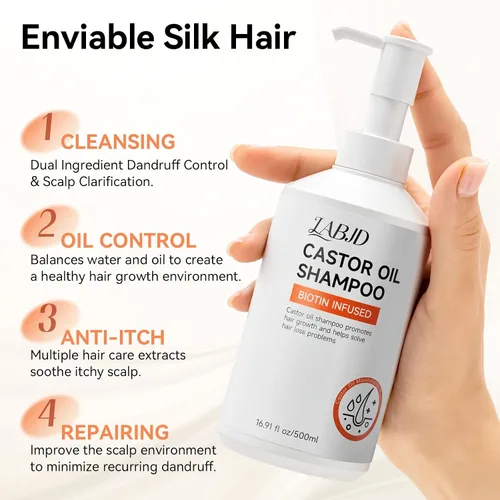 Vista 5 de Juego de champú y acondicionador de aceite de ricino para el crecimiento del cabello, fortalece y limpia el cabello fino, restauración del cabello