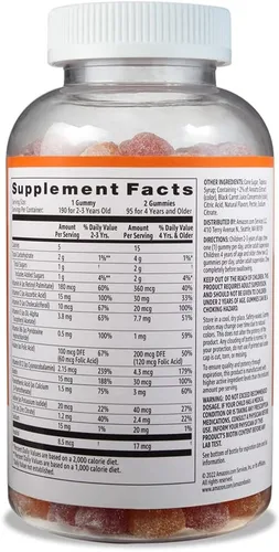 Vista 2 de Amazon Basics Multivitamínico para niños, 190 gomitas, naranja, cereza y fresa (anteriormente Solimo)