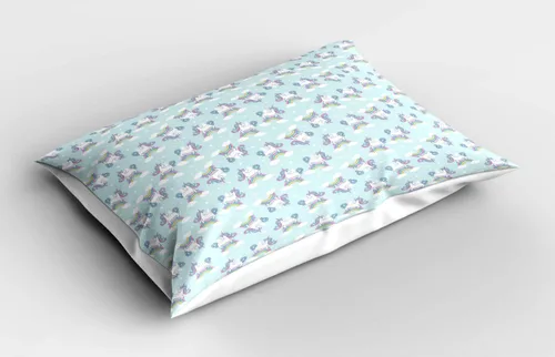 Vista 2 de Ambesonne Cartoon Pillow Sham, Unicorns on Rainbows up in The Sky Volumized Mane and Tail Unreal Pastel Style, Decorative Standard Size Printed