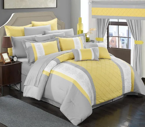 Vista 9 de Chic Home Danielle - Juego de edredón negro en una bolsa, tamaño King (24 piezas), ropa de cama bordada con bloques de color, edredón, sábanas