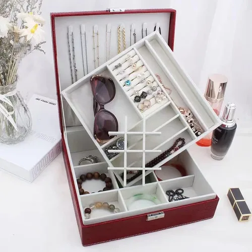 Vista 5 de Organizador de caja de joyería caja de almacenamiento grande de 2 capas caja de joyería de cuero sintético para mujeres para almacenar anillos