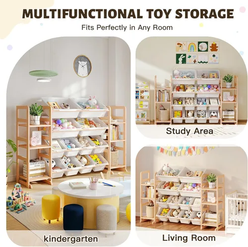 Vista 4 de Organizador de almacenamiento de juguetes de madera con 6 estantes y 12 contenedores, organizador de juguetes para niños, estante de juguetes