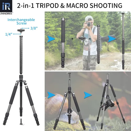 Vista 3 de Trípode INNOREL RT45C portátil de fibra de carbono de 10 capas sin cabeza esférica, trípode compacto y ligero para cámara DSLR, videocámara de video