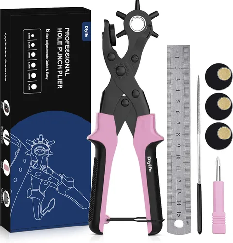 Vista 10 de Diyife® Perforadora de cuero, perforadora para cinturón resistente, kit de alicates giratorios con aguja de molienda extra, placas de perforación