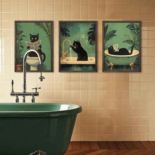 Vista 6 de Arte de pared de baño de gato, lienzo divertido para decoración de pared, imágenes de gato negro, impresiones lindas divertidas para baño, póster