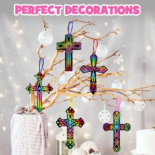Vista 6 de ZMLM Regalos cristianos para niños: 60 piezas de adornos de cruz para rascar, arco iris, juego de papel para rascar para aula, recuerdo de fiesta