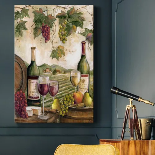 Vista 5 de Renditions Gallery Arte de pared de viñedo, decoración de vino rojo y blanco, queso y uvas, arte escénico para cocina o comedor, lienzo de alta