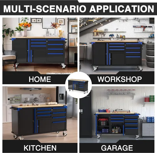 Vista 7 de WORKPRO Cofre de herramientas con 7 cajones y 2 puertas, 62 x 20 pulgadas, azul y negro