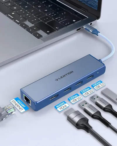 Vista 2 de LENTION Concentrador USB C 5 en 1, Ethernet, HDMI 4K, adaptador multipuerto USB 3.0 Azul
