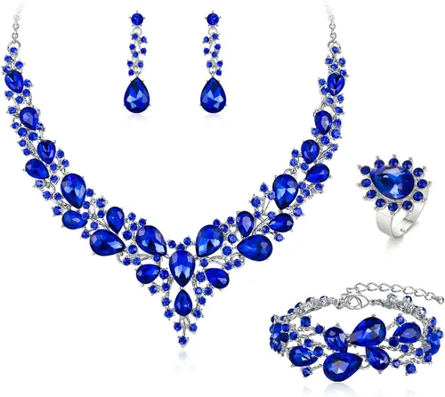 Vista 12 de BriLove - Juego de joyas de boda con cristales austriacos, collar, aretes y pulsera para mujer 01-Tono plateado transparente