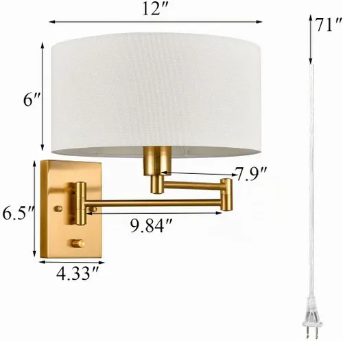 Vista 5 de Apliques de Pared Dorados Enchufables Juego de Dos Lámpara de Pared de Latón con Brazo Giratorio Aplique de Pared con Cableado Fijo con Interruptor