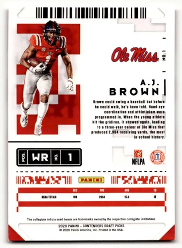 Vista 2 de 2020 Panini Contenders Draft Picks #1A.J. Brown Ole Miss Rebels Football Cards NM Near Mint Football Card