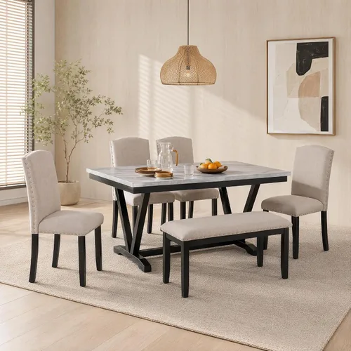 Vista 38 de Juego de mesa de comedor de 6 piezas con banco y 4 sillas Negro Beige-1