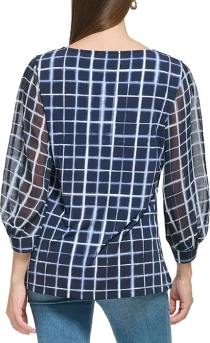 Vista 3 de Calvin Klein Blusa de gasa con cuello redondo y manga estampada para mujer