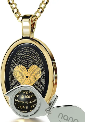 Vista 2 de Love Jewelry Set I Love You Necklace in 120 Languages Pure Gold Inscribed in Miniature Text on Onyx Valentines Day Gift Pendant and Black Crystal