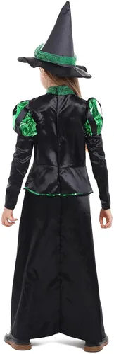 Vista 4 de LMYOVE Disfraz de bruja gótica para niñas, conjunto de disfraz de bruja de Halloween con sombrero