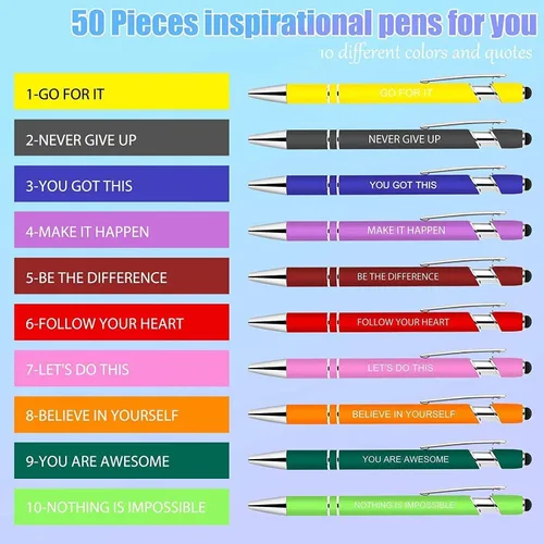 Vista 2 de 10 piezas de bolígrafos inspiradores - Bolígrafos de tinta de bola en masa con punta de lápiz óptico, citas motivacionales, regalos para la escuela