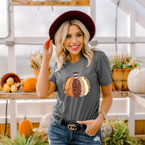 Vista 5 de Camisas de calabaza para mujer, camiseta de calabaza a cuadros de búfalo para mujer, camisetas casuales de manga corta con gráficos divertidos
