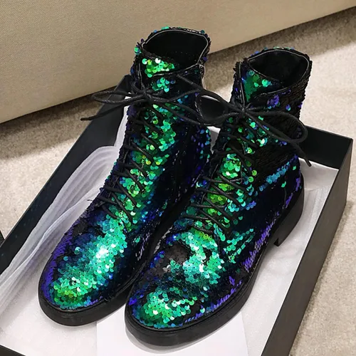 Vista 3 de FIFSY Botines de combate con purpurina y lentejuelas para mujer con tacones brillantes