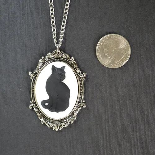 Vista 7 de Real Metal Juego de camafeo de gato negro en plata acabado estaño marco gótico colgante collar, Metal