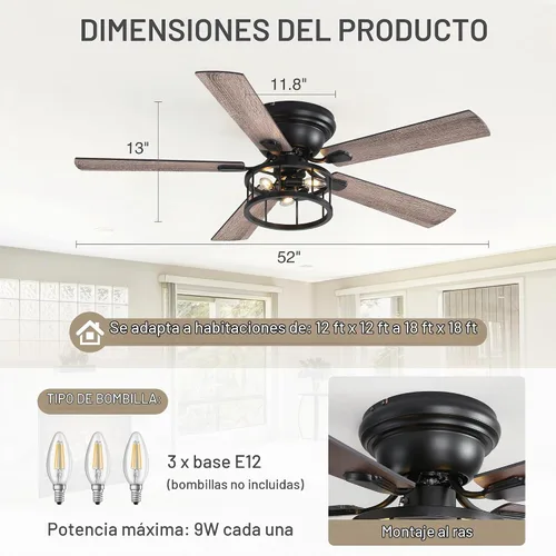 Vista 5 de Ventilador de techo rústico de granja de montaje empotrado de 52 pulgadas con luz y control remoto, motor AC reversible, 5 aspas de doble acabado