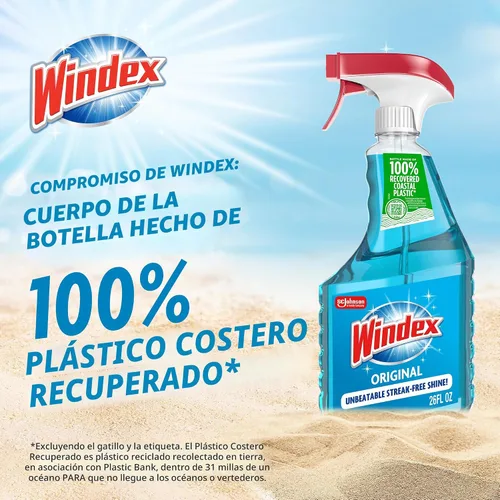 Vista 7 de Windex Spray limpiador de vidrio y ventanas, botella hecha de plástico 100% reciclado, espray de limpieza de superficies, aroma azul original, 23