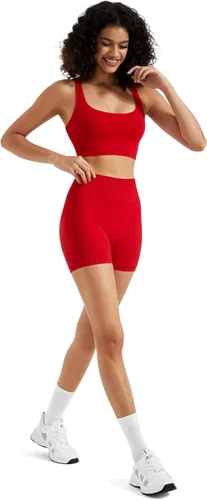 Vista 4 de RXRXCOCO Conjuntos de entrenamiento sin costuras para mujer, 2 piezas, sujetadores deportivos con tirantes, pantalones cortos fruncidos