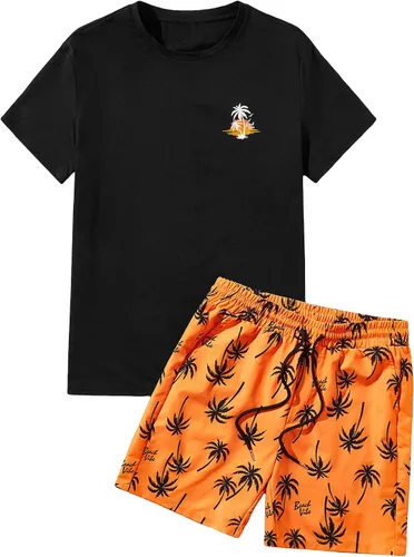 Vista 36 de GORGLITTER Conjunto de 2 piezas de camiseta gráfica de manga corta para hombre, estampado hawaiano con cordón y pantalones cortos
