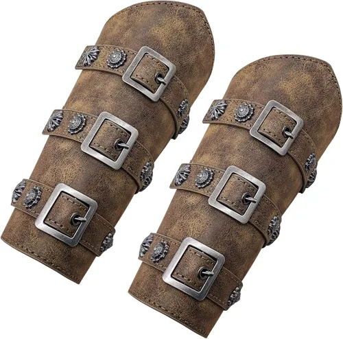 Vista 2 de JAOYU Brazaletes de cuero para hombre, armadura de brazo, brazalete de guantelete, brazaletes medievales, joyería vikinga para mujer, disfraz