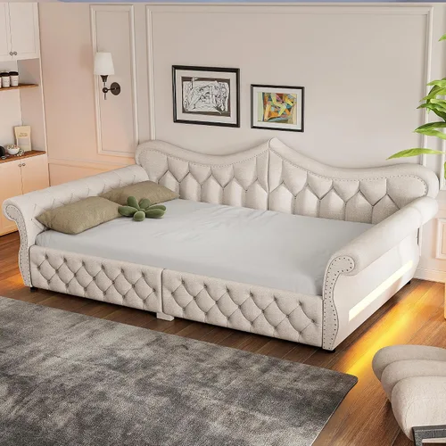 Vista 14 de Cama Diván Moderna Tamaño Twin XL con Cinturón LED y Cama Nido, Marco de Cama Plataforma de Madera con Cabecera Tapizada con Almacenamiento, Sofá