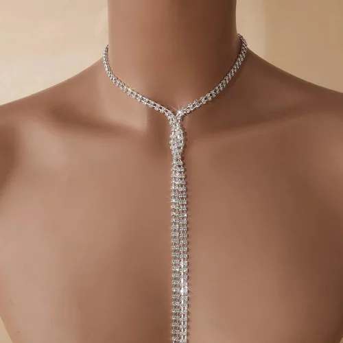Vista 2 de Collar largo con diamantes de imitación en Y, Lariat, cristal plateado y dorado, con circonita cúbica, para mujeres y niñas, cadena para el cuerpo