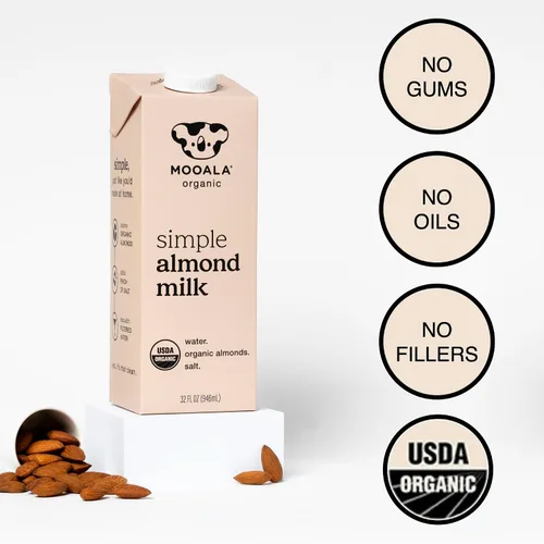 Vista 3 de Mooala Leche de Almendra Simple Orgánica, 32oz - 3 Ingredientes, Estable en Estantería, Sin Gomas, Sin Aceites, Sin Rellenos, Sin Azúcar, No