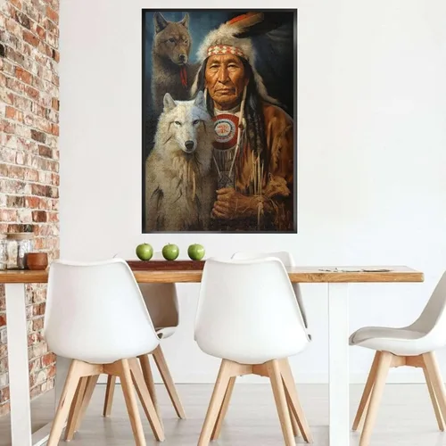 Vista 4 de Rompecabezas para adultos de 1000 piezas rompecabezas sentado lobo perro nativo americano indio tradicional formación de tienda de campaña de madera