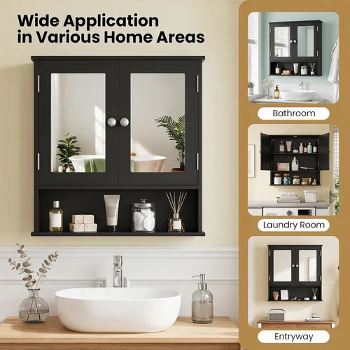 Vista 7 de GLACER - Armario de pared de baño moderno con espejo y estante ajustable Negro