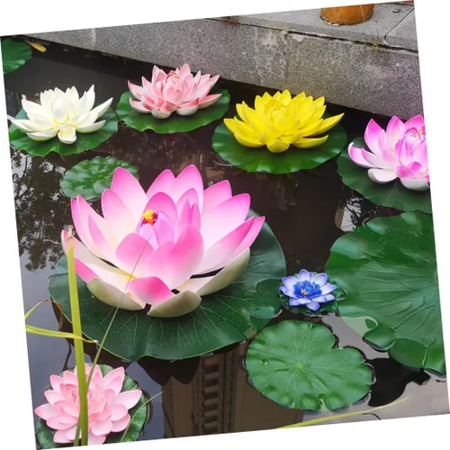 Vista 3 de 7 piezas de flores de loto flotantes artificiales para decoración de piscina, decoración de loto de agua, adornos falsos de lirio de agua