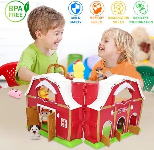 Vista 5 de Big Red Barn Toy Farm Animal Finger Puppets para niños de 1, 2, 3, 4, 5 años, juego de granja de simulación con granero y granjero, juguetes