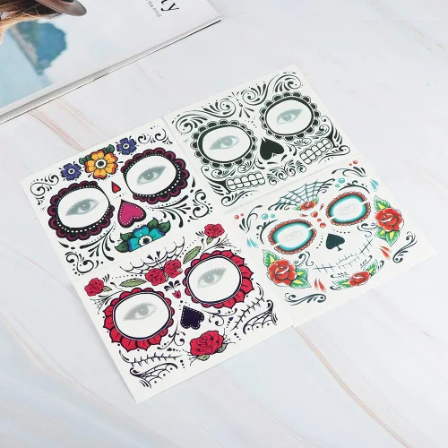 Vista 5 de Calcomanías de tatuaje facial de Halloween, tatuajes del Día de los Muertos, calcomanías de transferencia de agua con tela floral roja rosa negra