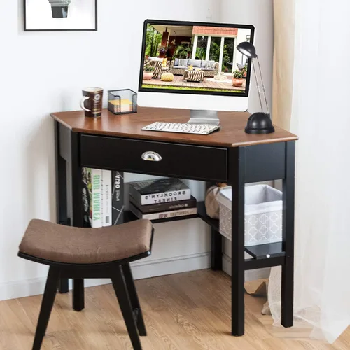 Vista 2 de Tangkula Escritorio esquinero, escritorio de esquina para computadora con cajón para espacio pequeño, escritorio de tocador de maquillaje de esquina