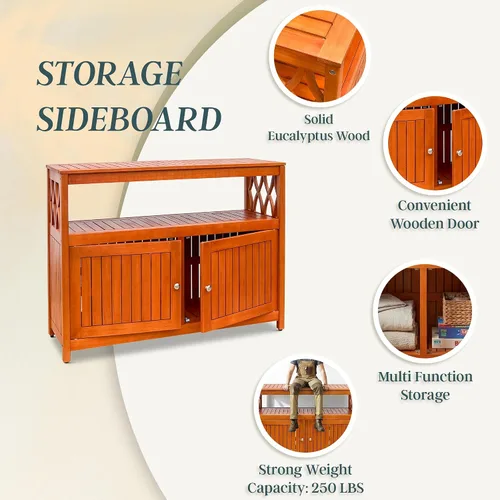 Vista 7 de DTY Outdoor Living Longs Peak Mesa Aparador de Madera de Eucalipto, Gabinete Buffet Exterior con Almacenamiento, Acabado de Aceite Natural